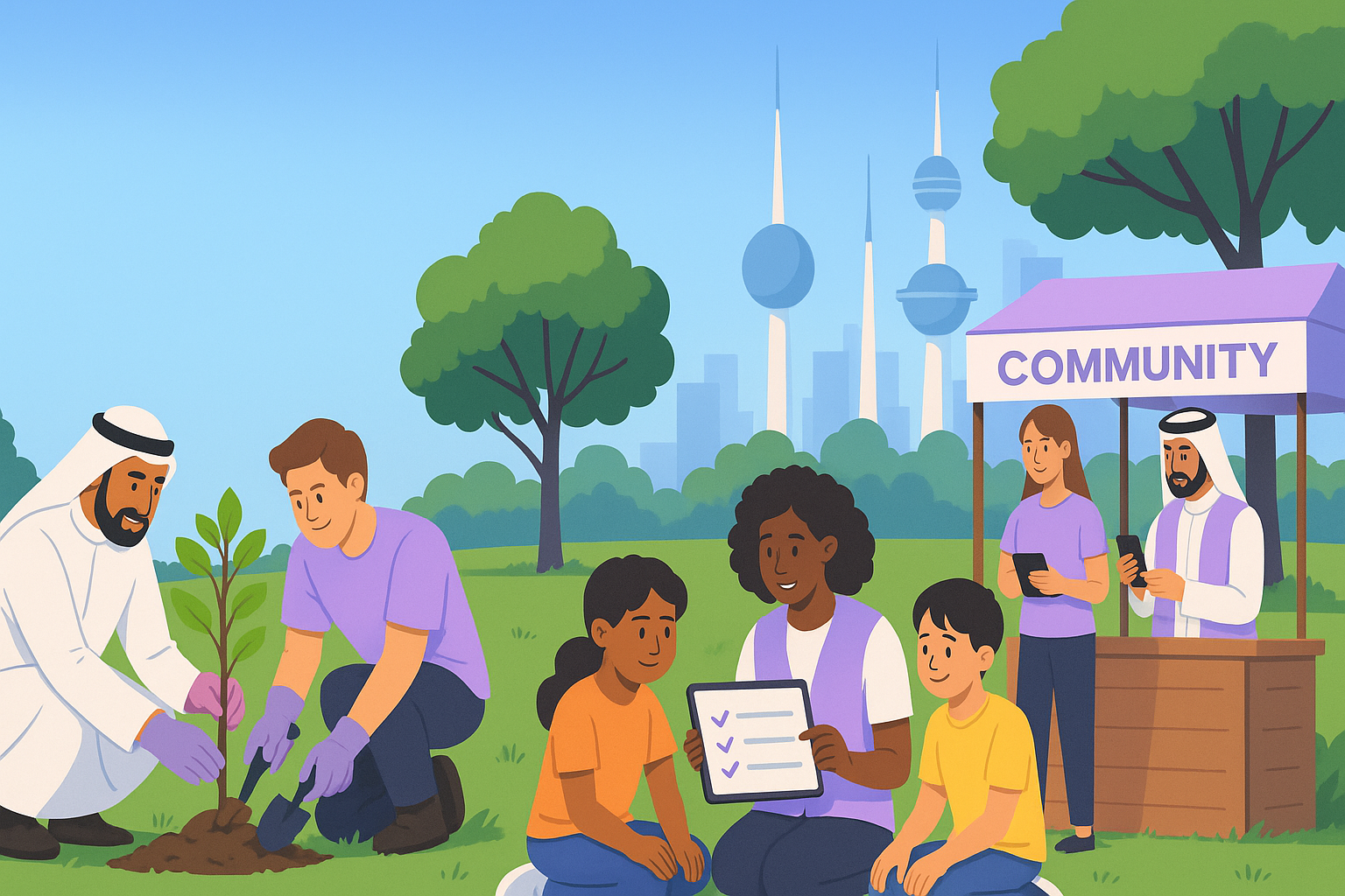 Community working together - people planting trees, collaborating at community booth, making real impact